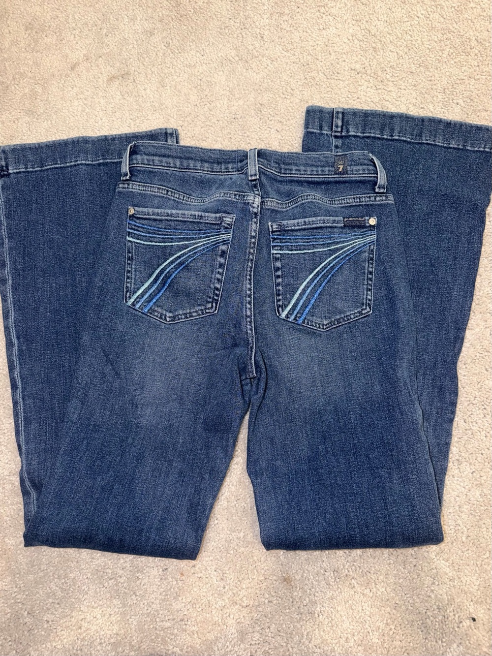 7 For All Mankind Women's Blue Flare Jeans with Contrast Pocket Stitching
